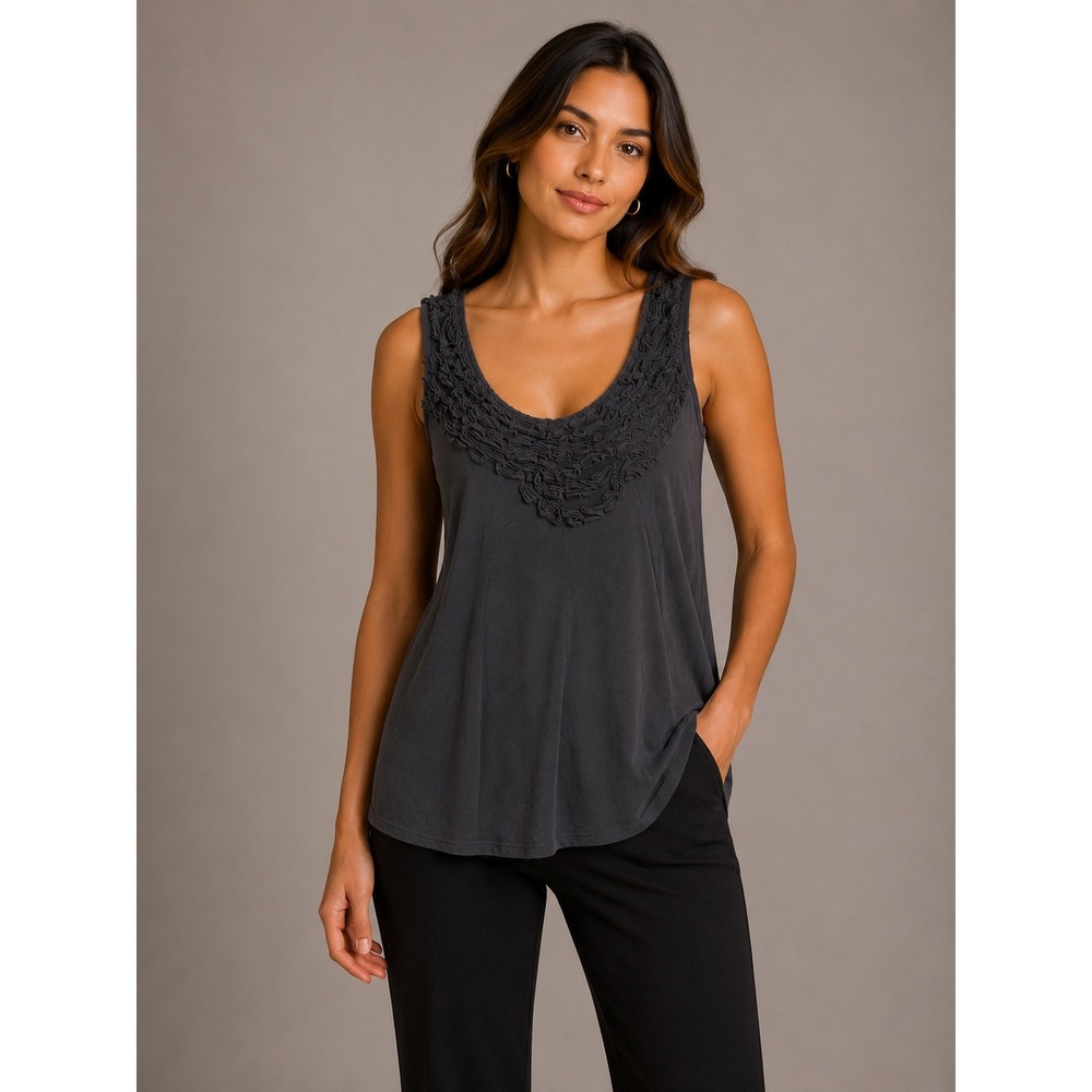 Garnet Hill Womens Gray 100% Pima Cotton Ruffle Scoop Neck Tank Top Size S